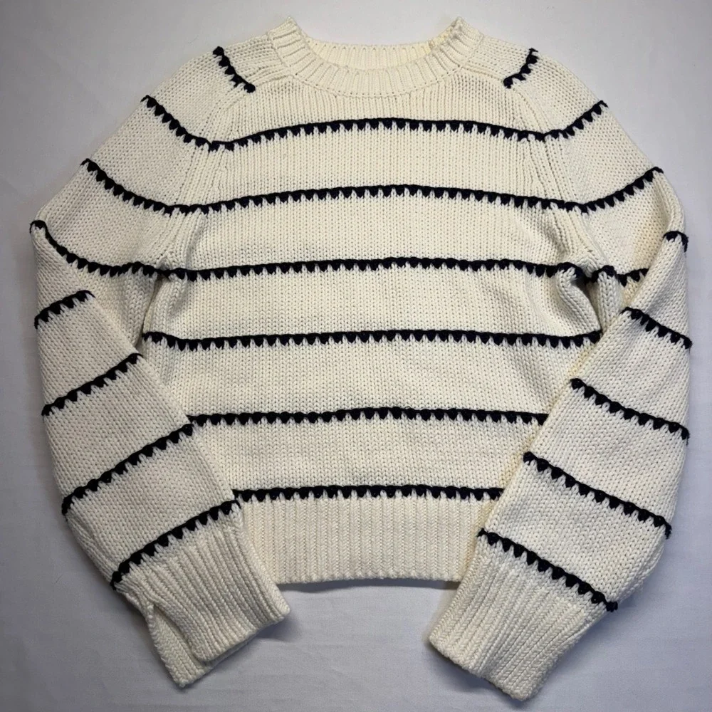 Madewell Textured Cotton Crewneck Sweater Stripe Ivory Navy XS Coastal FA24 - Picture 4 of 10